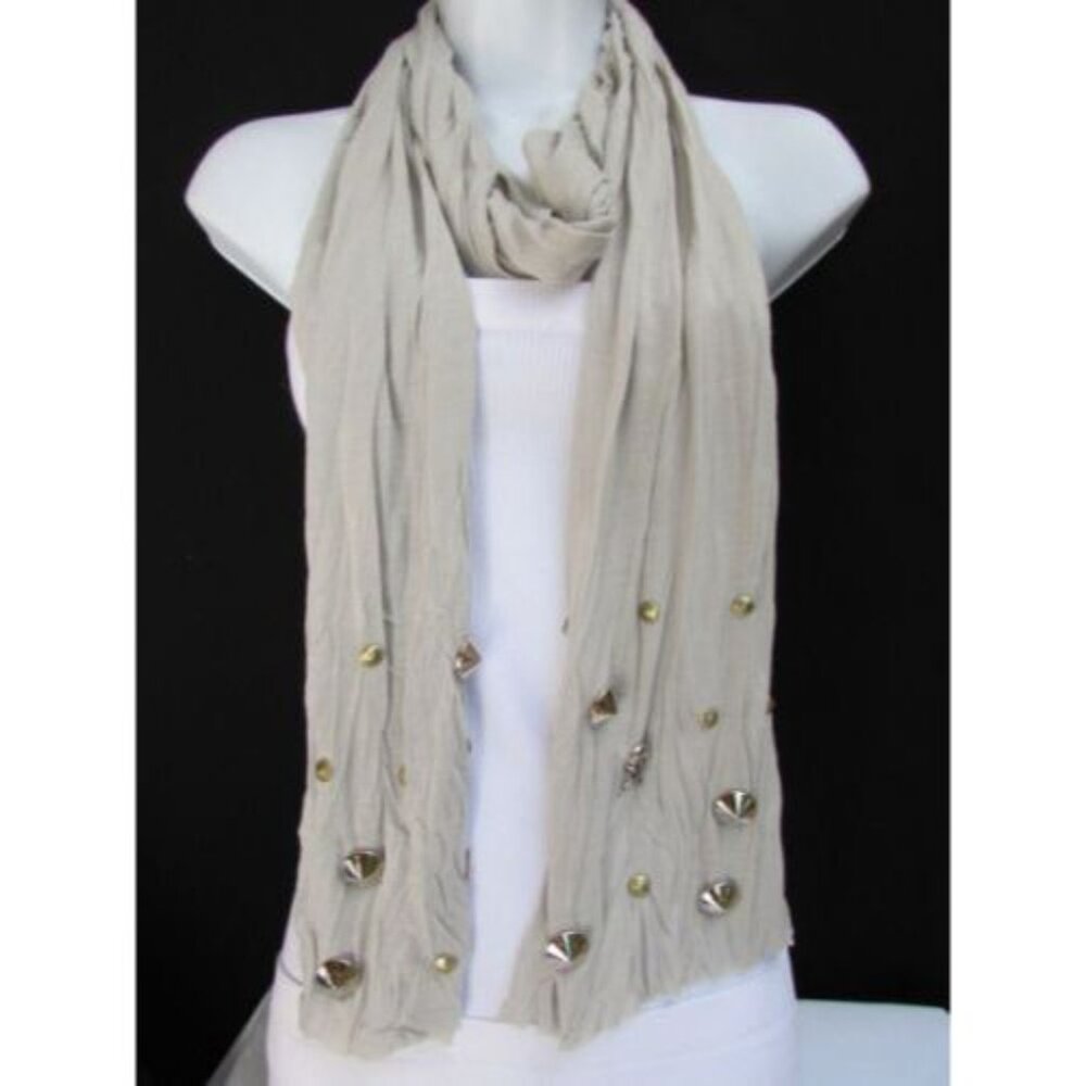 Women Gray Color Scarf Necklace Soft Fabric Multi Metal Spikes Skulls Pendants